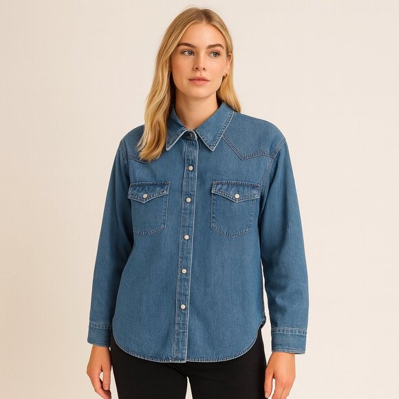 Wilfred Free Denim Western Long Sleeve Shirt XS Blue 100% Cotton Aritzia Casual - Picture 10 of 10